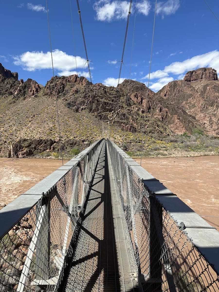 Suspension bridge on the Bright Angel Trail crossing the Colorado River in Grand Canyon National Park.
