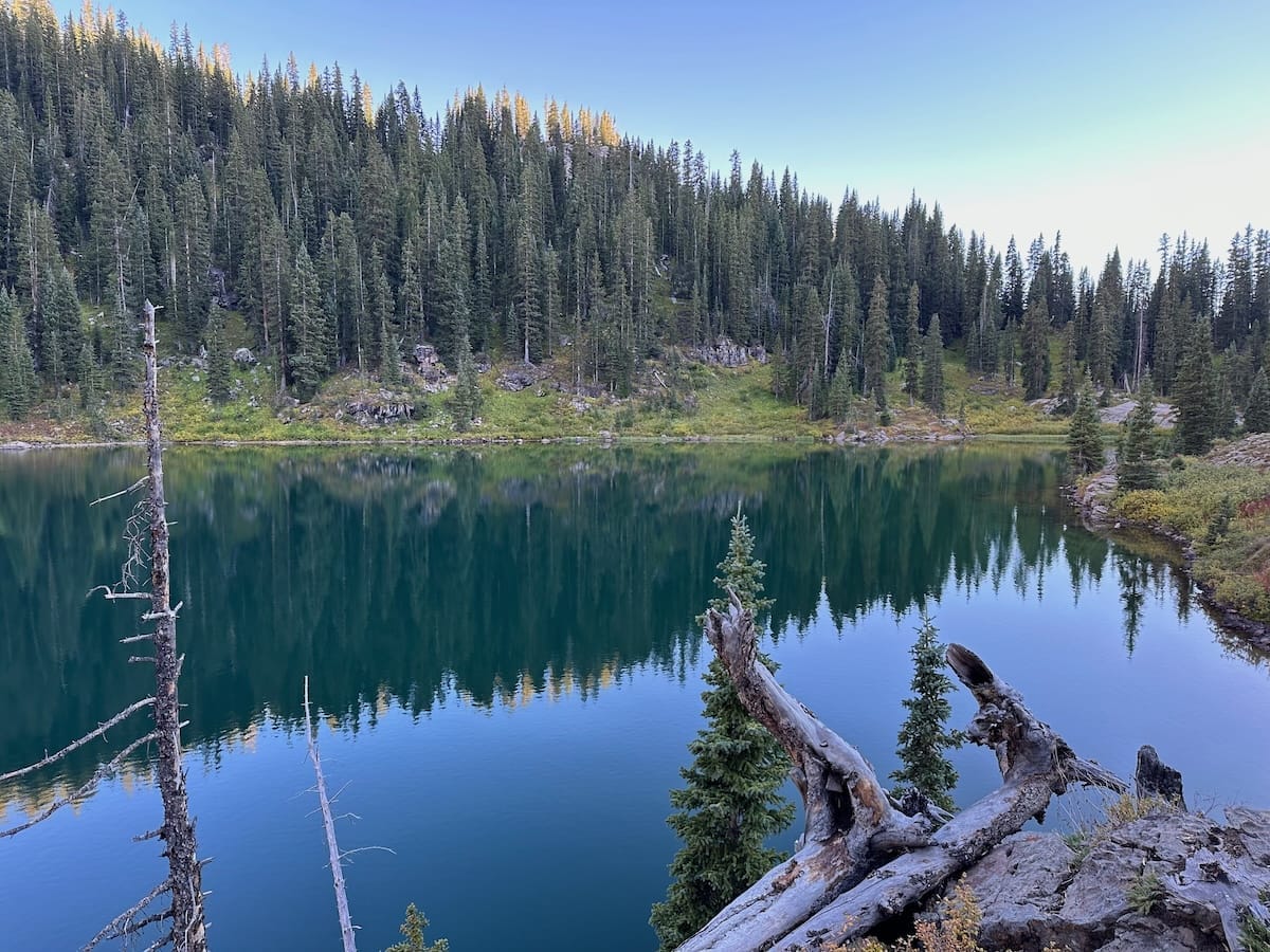 Calm lake reflecting evergreen forest and mountain.