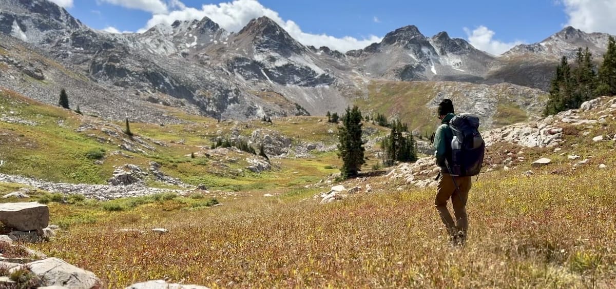 hiker-alpine-meadow-large-snow-capped-peaks Hiker walking into alpine meadow with large snow capped peaks in the distance.