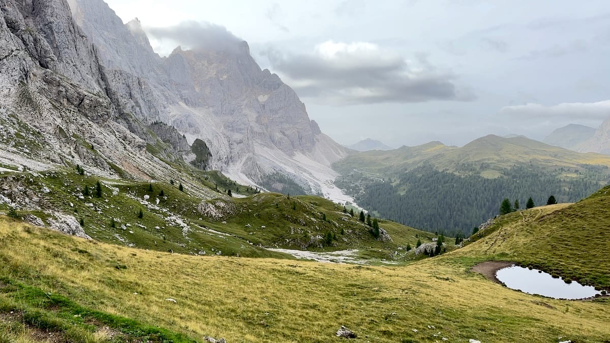 Dolomites mountain lake and valley view along the Alta Via 2.