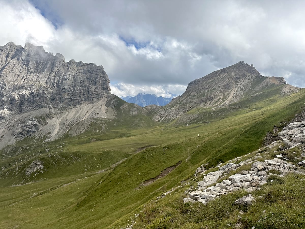 Panoramic view of the Dolomites from the west side of Forca Rossa along the Alta Via 2.