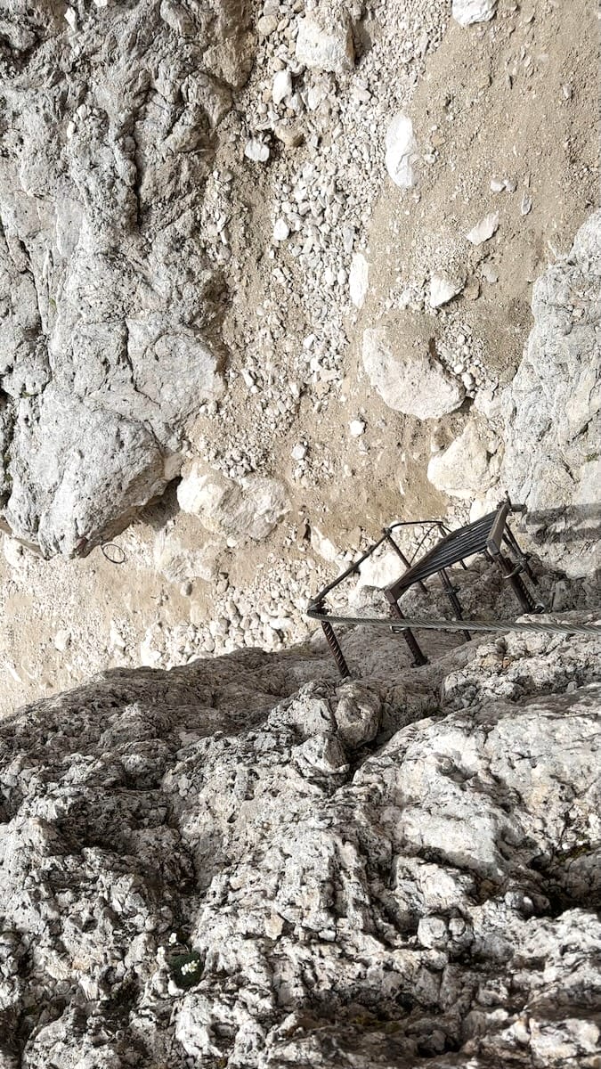 Metal ladder on a rock face at Passo delle Farangole on the Alta Via 2.