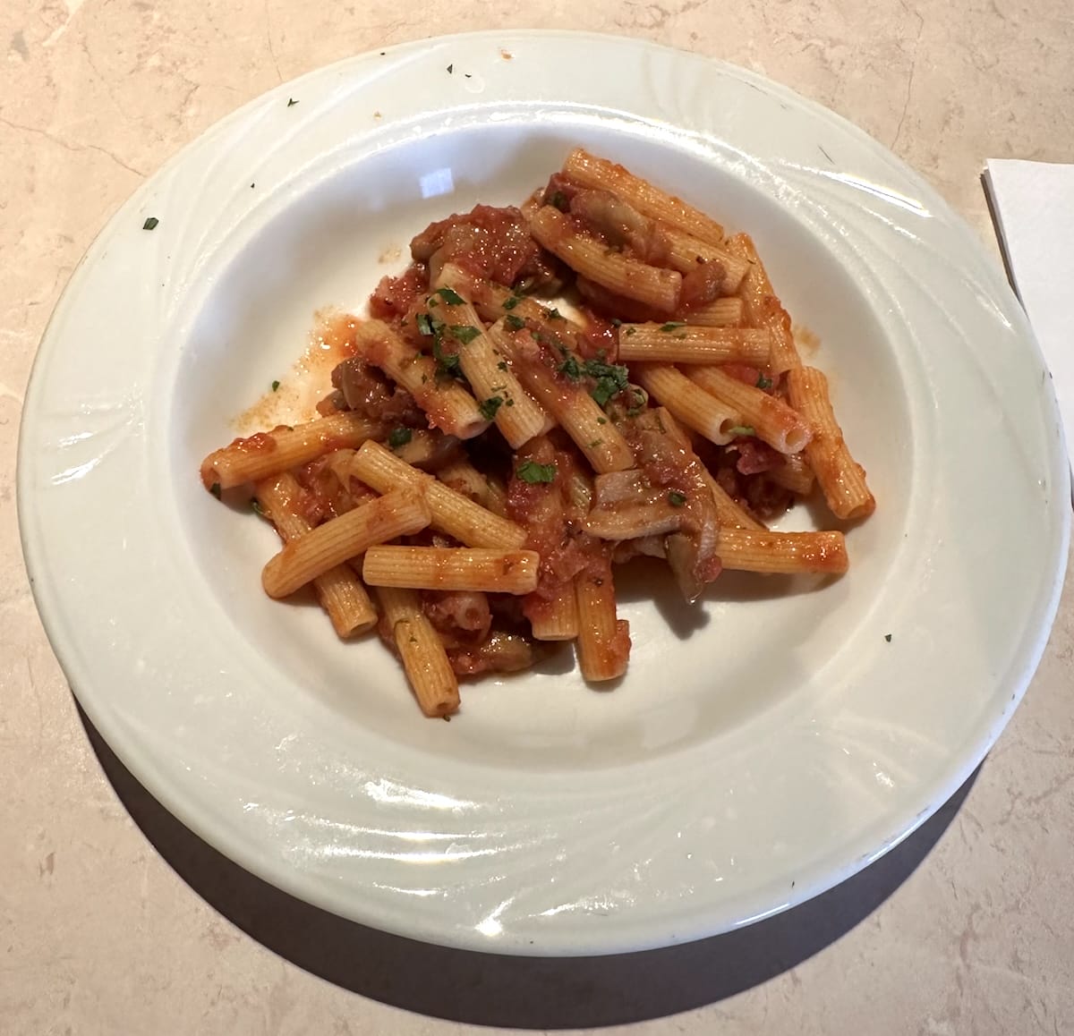Pasta dinner at Rifugio Plose on the Alta Via 2 trail, featuring ziti-like pasta with tomato sauce.