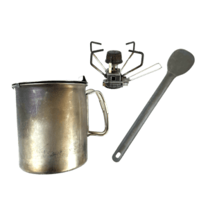 Snowpeak Gigapower 2.0 backpacking stove with 700ml titanium pot and long handled titanium spoon.