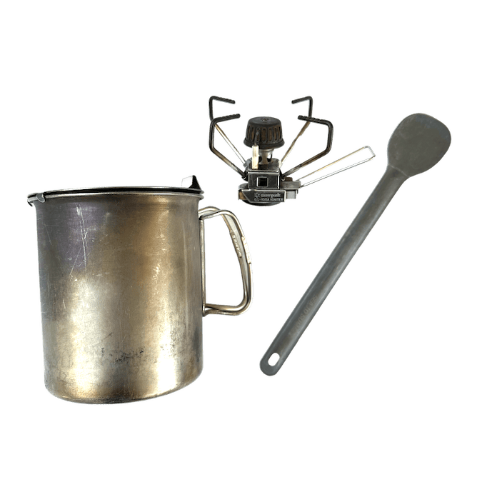 Snowpeak Gigapower 2.0 backpacking stove with 700ml titanium pot and long handled titanium spoon.
