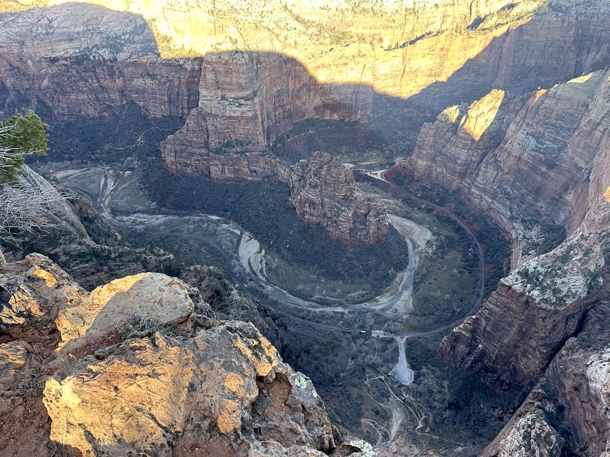 Aerial view of Angels Landing and the Virgin River from Cable Mountain on the Zion National Park East Rim.