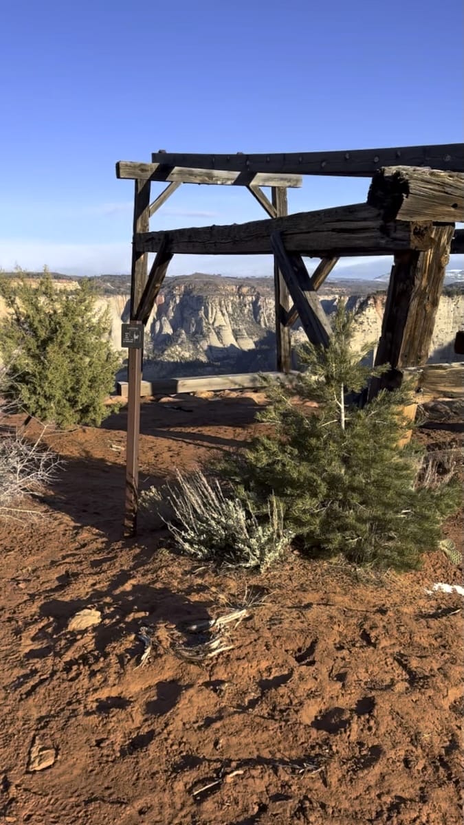 Cable Mountain Draw Works structure on the Zion Traverse East Rim with canyon views.