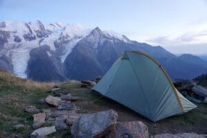 tarptent-rainbow-mount-blanc-hike-camping Tarptent Rainbow setup up at camp overlooking glaciated Mont Blanc.