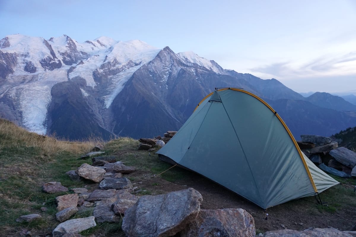 tarptent-rainbow-mount-blanc-hike-camping Tarptent Rainbow setup up at camp overlooking glaciated Mont Blanc.